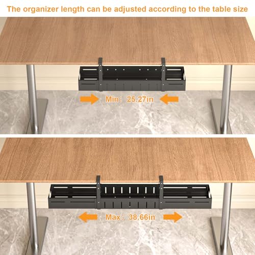 Under Desk Cable Management Tray Black | Expandable 25.27"-38.66", Sturdy Steel Desk Cord Hider Raceway for Office/Home