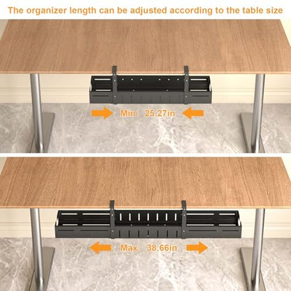 Under Desk Cable Management Tray Black | Expandable 25.27"-38.66", Sturdy Steel Desk Cord Hider Raceway for Office/Home