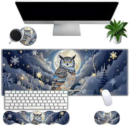 Large Gaming Mouse Pad Set with Wrist Support – 31.5" x 11.8" 4-in-1 XXL Mousepad with Keyboard Wrist Rest, Mouse Wrist Rest & Coaster – Ergonomic Desk Mat for Office, Home – Owl Moon - color: Owl Moon