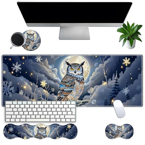 Large Gaming Mouse Pad Set with Wrist Support – 31.5" x 11.8" 4-in-1 XXL Mousepad with Keyboard Wrist Rest, Mouse Wrist Rest & Coaster – Ergonomic Desk Mat for Office, Home – Owl Moon - color: Owl Moon