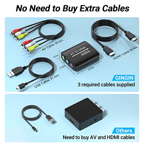 GINGIN RCA to HDMI Converter, AV to HDMI Converter for TV/PC/N64/Wii/PS1/PS2/PS3/STB/Xbox/VHS/VCR/Blue-Ray DVD Players, with 3.3ft RCA and HDMI Cables - style: Converter (with RCA and HDMI Cables)