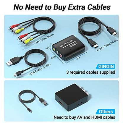 GINGIN RCA to HDMI Converter, AV to HDMI Converter for TV/PC/N64/Wii/PS1/PS2/PS3/STB/Xbox/VHS/VCR/Blue-Ray DVD Players, with 3.3ft RCA and HDMI Cables - style: Converter (with RCA and HDMI Cables)