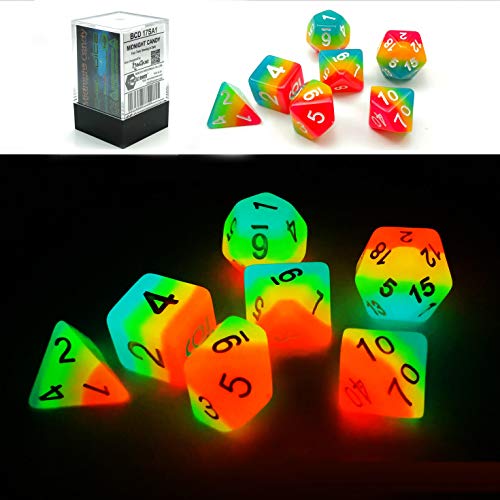 Bescon Fantasy Rainbow Glowing Polyhedral Dice 7pcs Set Midnight Candy, Luminous RPG Dice Set Glow in Dark, Novelty DND Game Dice d4 d6 d8 d10 d12 d20 d% in Brick Box - color: Midnight Candy