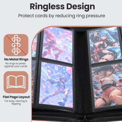 4 Pocket Trading Card Binder, Ringless Card Binder with Zipper for TCG and Sport Cards Collections, Holds 160 Cards with Side-Loading Pages, Pink - color: 1.Pink - 4 Pocket - 160 Slots