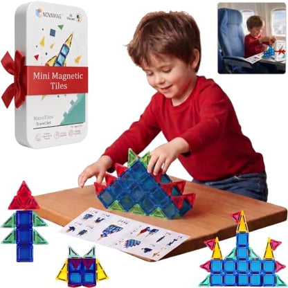 Mini Magnetic Tiles Travel Set – Airplane, Travel Activities for Toddlers & Kids Ages 4-8 - Car, Road Trip, Plane Toys & Essentials, STEM Building Blocks with Tin Case - 28 Pieces