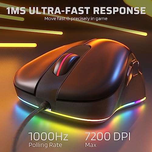 LTC GM-031 Wired Gaming Mouse, 7200 DPI Adjustable, 6 Programmable Macro Buttons, 4 RGB Backlit Mode, Ergonomic Shape, Software Support for Customization, Black