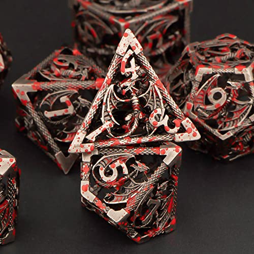 KERWELLSI Hollow DND Dice Set D&D with Gifts Box, 7pcs Polyhedral Metal D and D Dice for Role Playing Game, Dungeon Dragon Dice D20 D12 D10 D8 D6 D4 (Blood) - color: Blood
