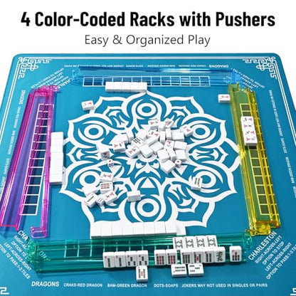 Goldge American Mahjong Tile Set – 166 White Tiles | 4 All-in-One Color Racks with Pushers, 3 Dice, Portable Blue Carrying Bag – Complete Mahjong Game Set – Blue - color: Blue
