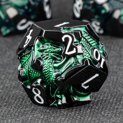 Roycevon Relief Dragon DND Dice Set for Role Playing Game, 7Pcs Metal D&D Dice Set Dungeons Dragons with Gift Box, Polyhedral D and D Dice D20 D12 D10 D8 D6 D4, Green and White - color: Green and White