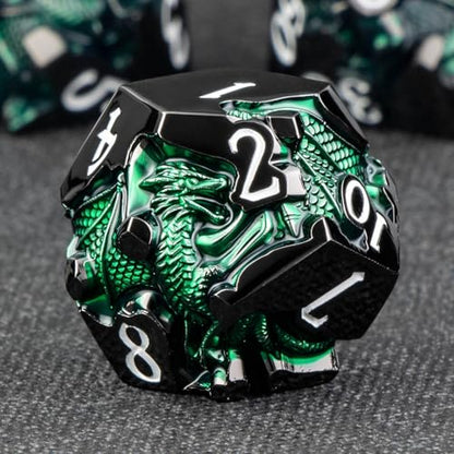 Roycevon Relief Dragon DND Dice Set for Role Playing Game, 7Pcs Metal D&D Dice Set Dungeons Dragons with Gift Box, Polyhedral D and D Dice D20 D12 D10 D8 D6 D4, Green and White - color: Green and White