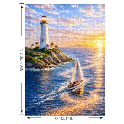 Puzzles for Adults 500 Pieces, Lighthouse Jigsaw Puzzles - Golden Voyage, Impossible Ocean Puzzles for Seniors Family, 20.47x14.96 inches, 1:1 Poster, Letter on the Back