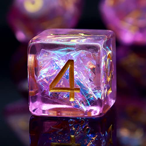 Haxtec Purple DND Dice Set 7PCS Resin Polyhedral D&D Dice with Bag, Iridescent Mylar Inclusion Dice for Roleplaying Games Compatible with Dungeons and Dragons Gift - color: Light Purple