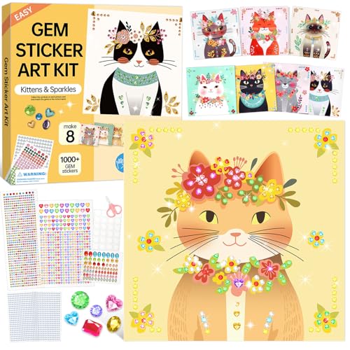 Gem Art Sticker Kit,Diamond Art Sticker Crafts for Kids Ages 4-12 | 8 Cat Themes, 1000+ Gems, No glue, No mess, Gemstone Sticker Arts and Crafts for Kids, Christmas Birthday Gift for Girls - color: Yellow-Cat