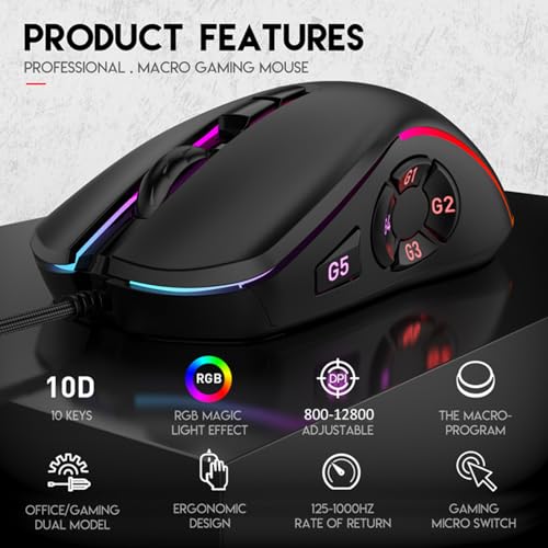 Cuifati Wired Gaming Mouse, 800-12800 DPI Adjustable, RGB Ergonomic Computer Mouse, 10 Programmable Buttons, 14 Lighting Effects, Wired for PC Computer