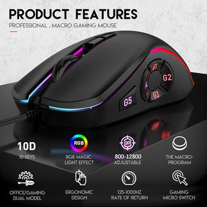 Zyyini RGB Gaming Mouse, 6 Adjustable 800-12800 DPI Wired Macro Mouse, 10 Programmable Buttons, 14 Lighting Effects, for PC Computer Game Office