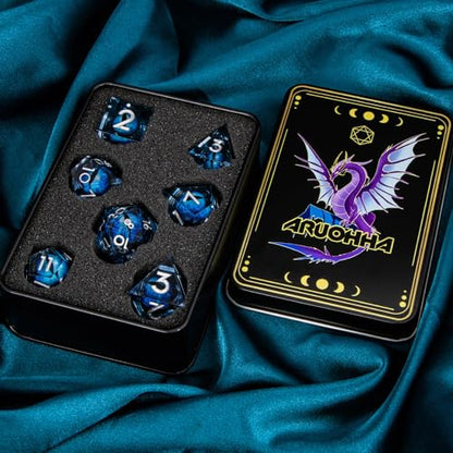ARUOHHA DND Resin Dice Dragon Eye Dice Liquid Core Blue Sharp Edged Dice Set with Gift Box, Dungeons Polyhedral D and D Dice Set Compatible with D&D Role Playing Game D20 D12 D10 D8 D6 D4 - color: Ly02-blue