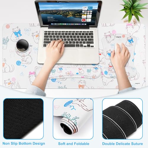 MEGREZ 4-in-1 Mouse Pad with Wrist Rest Ergonomic Memory Foam Desk Mat Set | ergonomic, anti-slip base, 4pcs set, desk pad, mouse wrist rest, keyboard rest, coaster, ideal for office & gaming - color: Bow Kitten