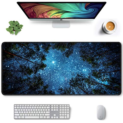 Auhoahsil Large Gaming Mouse Pad, Nature Theme XXL 35.4 x 15.7 in Desk Pad Stitched Non-Slip Rubber Long Computer Mousepad Thin Extended Full Size Desk Mat for Desktop Laptop Wireless Mice, Night Sky - color: 02 Starry Night, size: 35.5L x 15.7W inches