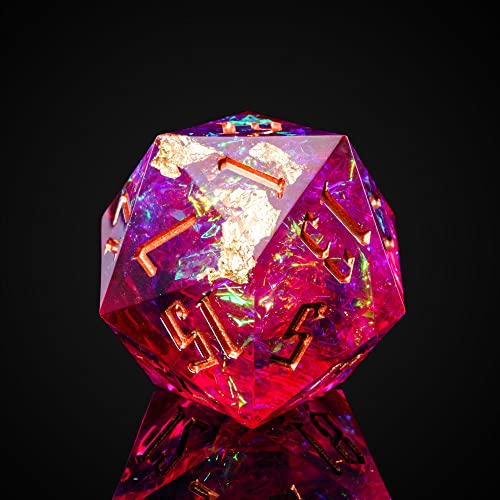 Cusdie Single D20 DND Dice with Sharp Edges and Glitter Foil Inclusions, 20 Sided D&D Dice, 33mm Handcrafted, for Role Playing Game(Rose Red/B) - color: Rose Red