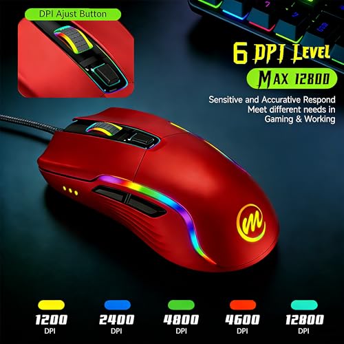 memzuoix Wired Gaming Mouse with RGB - 6 Adjustable DPI up to 12800, 6 Buttons, 12 Lighting Modes, Ergonomic Design with Anti-Slip Rubber Wheel, 5.6ft Braided Cable for PC/Mac/Windows - Red - color: red