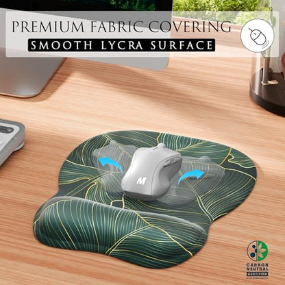 MROCO Ergonomic Mouse Pad with Gel Wrist Rest, 9.4 x 8.1 in, Green Leaves | Ergonomic Shape Design, Multiple Pattern Options, Gel Wrist Comfort, Smooth Lycra Surface, Non-Slip PU Base - color: Green Leaves
