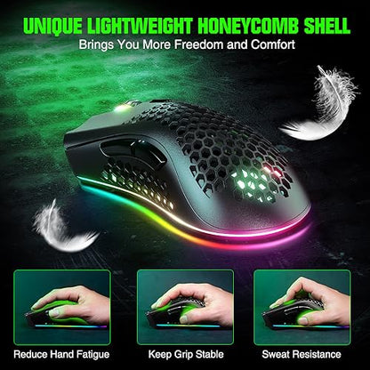 WolfLawS KM-1 RGB Wireless Gaming Mouse with Honeycomb Shell Computer Mouse | 2.4G USB Receiver, 6 Buttons, 3 Adjustable DPI, Rechargeable Ergonomic Mouse for PC Mac Laptop