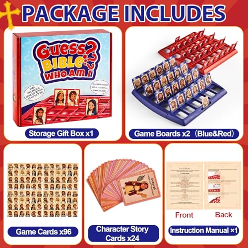 Guess Bible Game Who Am I Classic 24 Bible Holy Characters with Life Story & Verse Cards Christian Board Game Trivia Study Supplies for Church Sunday School Family Youth Group Catholic Gift