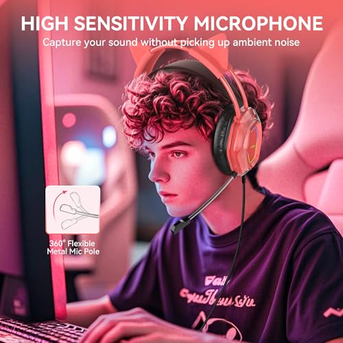 Wantek Cute Cat-Ear Gaming Headset - 50mm Drivers, Noise-Cancelling Mic, 3.5mm Wired Stylish & Lightweight Design (Red) - color: Red