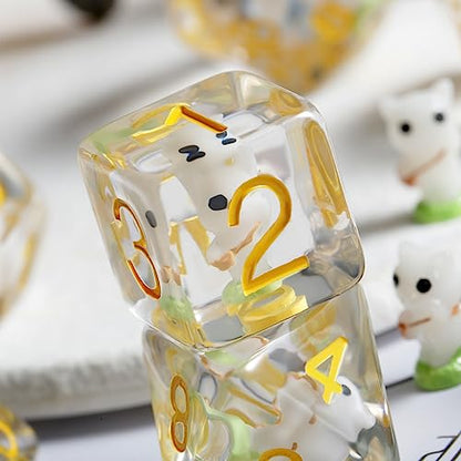 White Cat Gaming Dice Set D&D, DNDND 7PCS Resin DND Dice with Velvet Bag for Dungeons and Dragons Role Playing Games and Tabletop Games（White Cat - color: Cat-white