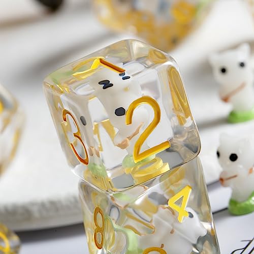 White Cat Gaming Dice Set D&D, DNDND 7PCS Resin DND Dice with Velvet Bag for Dungeons and Dragons Role Playing Games and Tabletop Games（White Cat - color: Cat-white