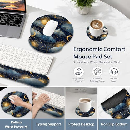 Starry Night Keyboard Wrist Rest Pad Ergonomic Mouse Pad Set,Sun Moon 3 in 1 Memory Foam Mouse Pad with Non Slip Base for Office and Home - color: Starry Night Sun Moon