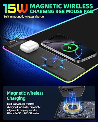 Wireless Charging Mouse Pad, RGB Gaming Mousepad, 31.5"x11.8" | Extra Large LED Desk Mat, 13 Lighting Modes, Ultra-Smooth Surface, Non-Slip Base, Waterproof Computer Keyboard Pad, Black - color: Black-31.5"x11.8"