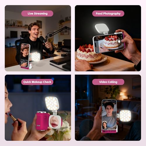 COMITOK iPhone Camera Grip MOCA with Magnet Fill Light & Mirror for 17 Pro iOS26 Native Camera, Fun Shot Magnetic Grip for Phone Compatible iOS17 and iOS18 with Anti-Drop Detachable Remote & Keychain - color: Fuchsia