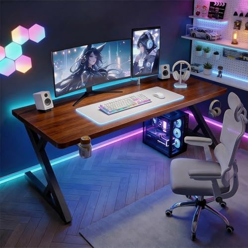 Gaming Desk 63" Large Computer Desk with 2-Stage Split Desktop for Monitor Arms, Carbon Fiber PC Table with Cable Management Tray, for Home Office, Living, Bedroom(Brown,63"x29.5"x29.5") - color: Brown, size: 63"x29.5"x29.5"