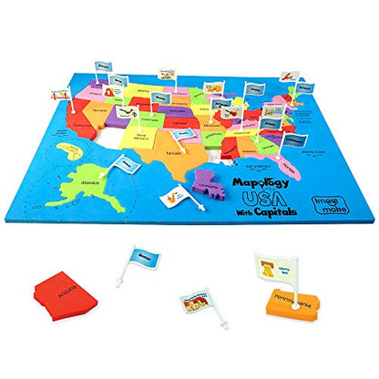 Imagimake Mapology USA Map Jigsaw Puzzle, Learn States, Capitals with Flags | Educational Geography Toy, 50 State Puzzle, Learn USA Capitals, Birthday Gift for Boy & Girl Ages 5,6,7,8,9,10,11,12 Year Old - style: USA Map with Capitals