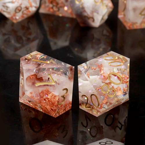 Haxtec Sharp Edge Dice Set Resin DND Dice Set Glitter Clear Polyhedral D&D Dice Compatible with Dungeons and Dragons Star Dust - color: Rosegold White