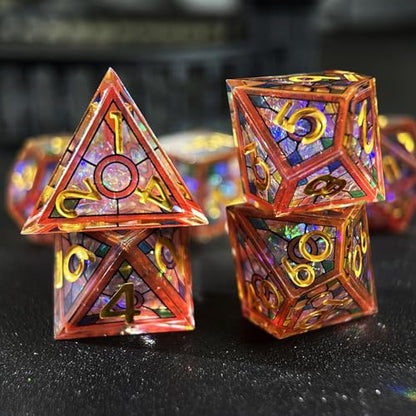 HAOMEJA Double Layered Resin Dice Set 7pcs/ Stained Glass Effect & Gold Numbers/Sharp Edged Polyhedral Dice/Apply to D&D/DND/Role Playing Game/RPG/Party Gift (Red Sky) - color: 1 Red Sky