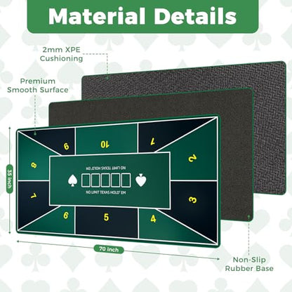 Poker Table Topper 70"x35" Poker Mat for Table Non Slip Rubber Backing Blackjack Mat with Carry Bag for Home Poker Card Game Night Up to 10 Players (Green with White Edges) - color: Green With White Edges