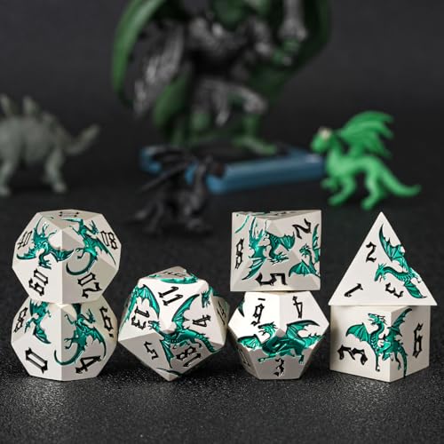 Sharp Edge Metallic DND Dragon Dice Set,Metal Polyhedral Dice with Dragon for Dungeons and Dragons RPG TTRPG D&D 7-Die Set with Gift Case Pearl Silver Transparent Green - color: Dragon-pearl Silver Transparent Green