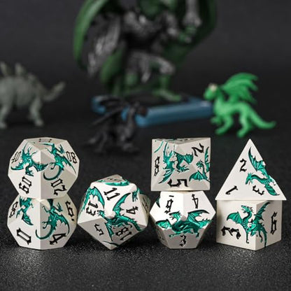 Sharp Edge Metallic DND Dragon Dice Set,Metal Polyhedral Dice with Dragon for Dungeons and Dragons RPG TTRPG D&D 7-Die Set with Gift Case Pearl Silver Transparent Green - color: Dragon-pearl Silver Transparent Green
