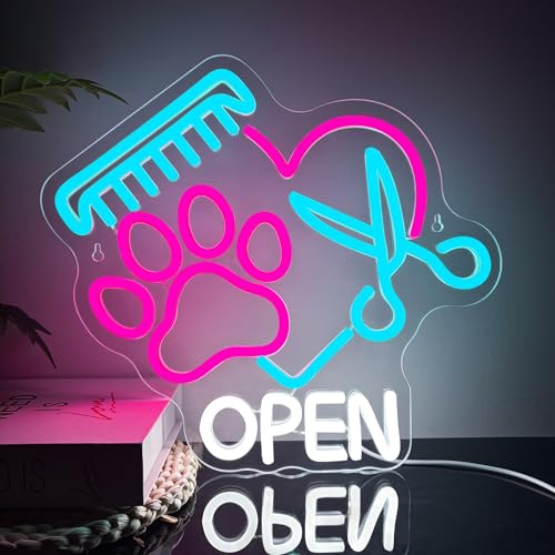 Mutank Pet Shop Open Neon Sign, Paw Neon Light USB Powered LED Dimmable Scissors Sign, for Pet Shop Business Sign Pet Spa Pet Salon Animal Clinic Decor Pet Grooming and Welcome Sign(13.3 * 12.2 In) - color: Blue+Pink+White