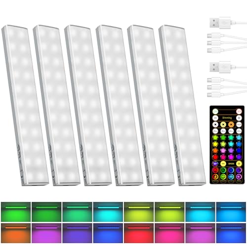 EZVALO 80RGB Color Changing Under Cabinet Lighting Wireless, 1800mAh Rechargeable Led Strip Shelf Lights, Timer & Dimmable Bar Light with Remote for Kitchen, Bedroom, Display Case, 6Pack