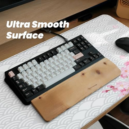 Gaming Mouse Pad with Anti-Slip Rubber Base, Extended Large Computer Mouse Mat with Stitched Edges, Long XL Anime Mousepad for Laptop and Keyboard, 31.5 x 11.8 inch (Grey Cherry Blossom) - color: Grey Cherry Blossom