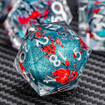 ARUOHHA DND Resin Dice Plum Blossom Liquid Core Dice Silver Blue Sharp Edged Dragons Polyhedral Dice Set with Gift Box, Role Playing Game Dungeons D and D Dice Set D20 D12 D10 D6 D4 - color: Flower&silver Blue