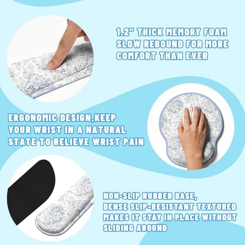 Blue Rose Desk Mat Set White Floral Large Mouse Pad with Wrist Rest 4in1 Desk Mat for Desktop Ergonomic Computer Desk Arm Wrist Anti-Slip Computer Ergonomic Mouse Pad Home Office Gaming - color: Blue Rose