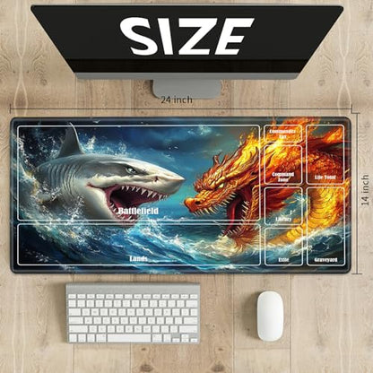 MTG Playmat with Zones, TCG Card Game Play Mat with Stitched Edges, Non-Slip Rubber Base Gaming Desk Mat, Smooth Surface 24 x 14 Inch, Dragon and White Shark - color: Dragon and White Shark, size: Zone 1