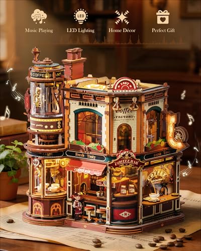ROBOTIME Moving Coffee Factory 3D Wooden Puzzle for Adults — Mechanical Building Kit with Music Box & Warm LED Lights, 593PCS No-Glue Book Nook Kit, Miniature House Kit Desk Decor, Unique Gift