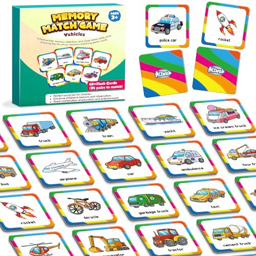 Aizweb Match Game,Memory Game, Vehicle 48 Pcs Toddler Card Games for Kids Ages 3 4 5 6,Flash Cards for Preschool Kindergarten Learning Activities,Educational Toys Homechool Supplies - style: Vehicles