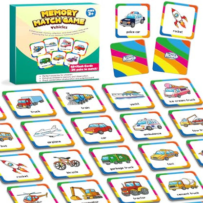 Aizweb Match Game,Memory Game, Vehicle 48 Pcs Toddler Card Games for Kids Ages 3 4 5 6,Flash Cards for Preschool Kindergarten Learning Activities,Educational Toys Homechool Supplies - style: Vehicles
