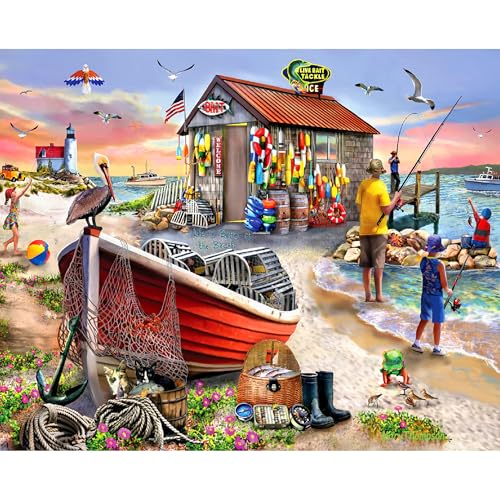 White Mountain 1000 Piece Jigsaw Puzzle, Bait Shack Seek & Find | Large Pieces, Gift for Adults and Family, 24"x30" in, Coastal Fishing Beach